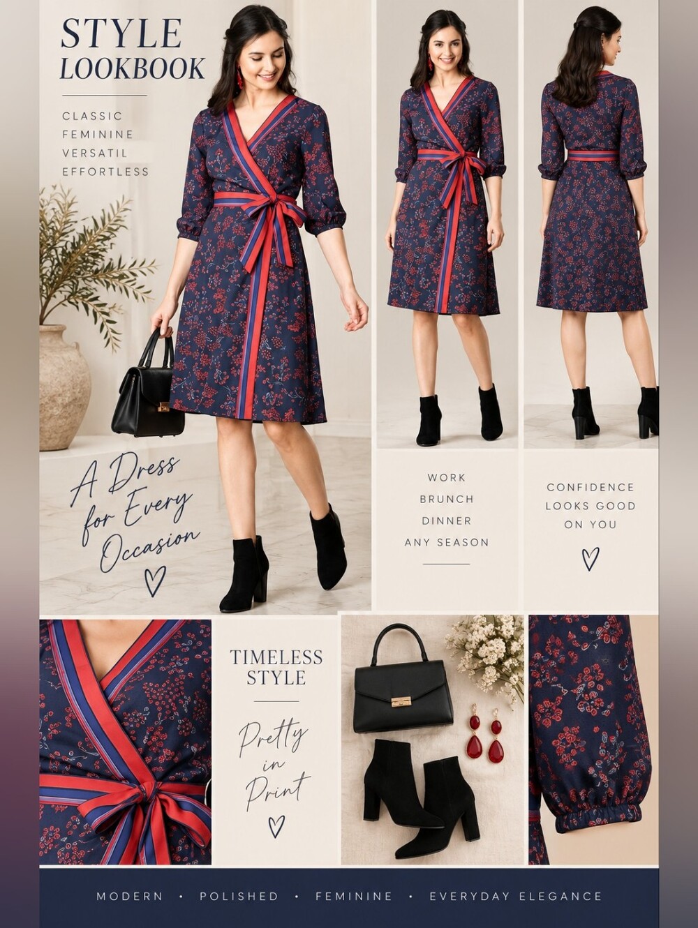 eShakti Long Sleeve Wrap Dress Red Gray Navy - 14W